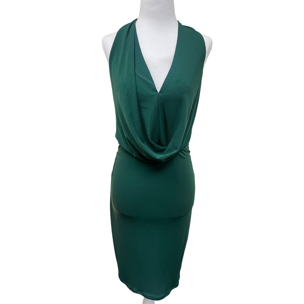 Halston Forest Green Cowl Neck Halter Ruched Cocktail Dress XS